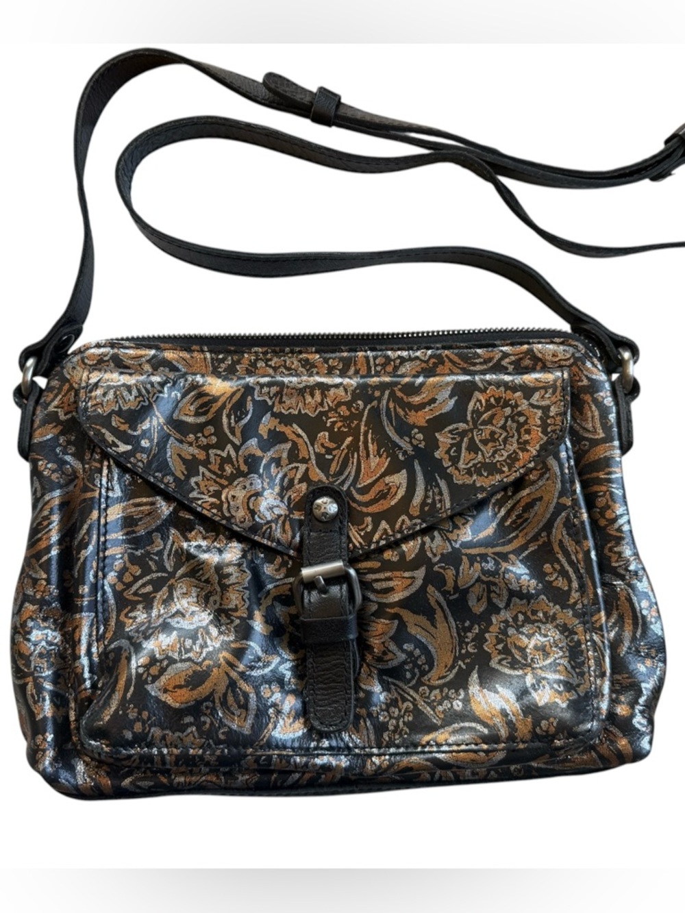 Patricia Nash metallic shimmer black & gold floral crossbody satchel EUC! - Picture 1 of 9